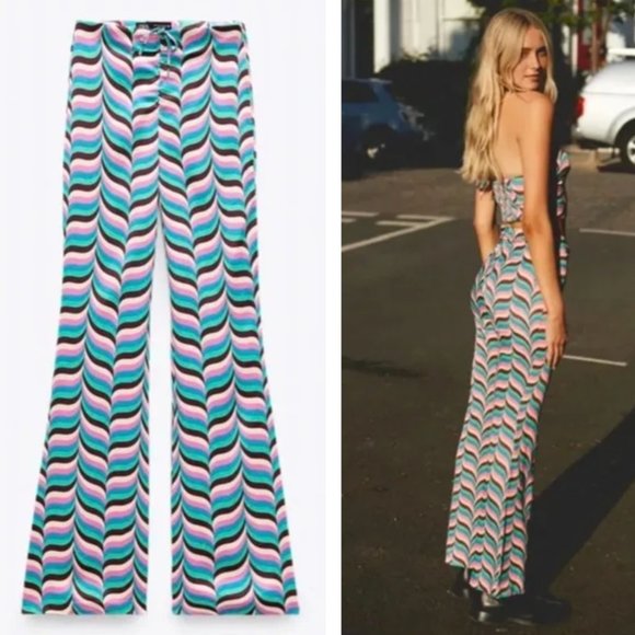 Zara Pants - NWT Zara Geometric Wide Leg Flare Retro Style Drawstring Disco Pants